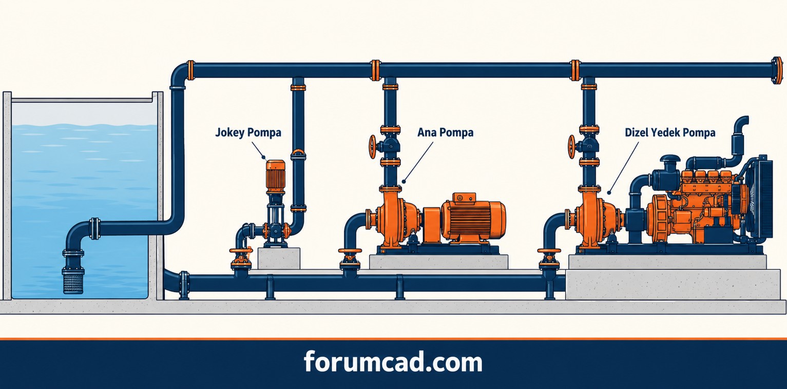 Sprinkler pompa istasyonu jokey pompa ana pompa dizel yedek pompa şeması