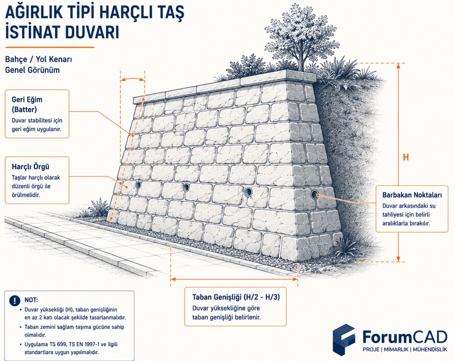 Ağırlık tipi doğal taş istinat duvarı genel görünüm, harçlı örgü