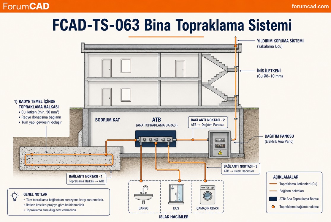 Bina temel topraklaması genel düzeni — radye içi topraklama halkası, ana topraklama barasası, eşpotansiyel bağlama ve yıldırım koruma sistemine bağlantı noktaları