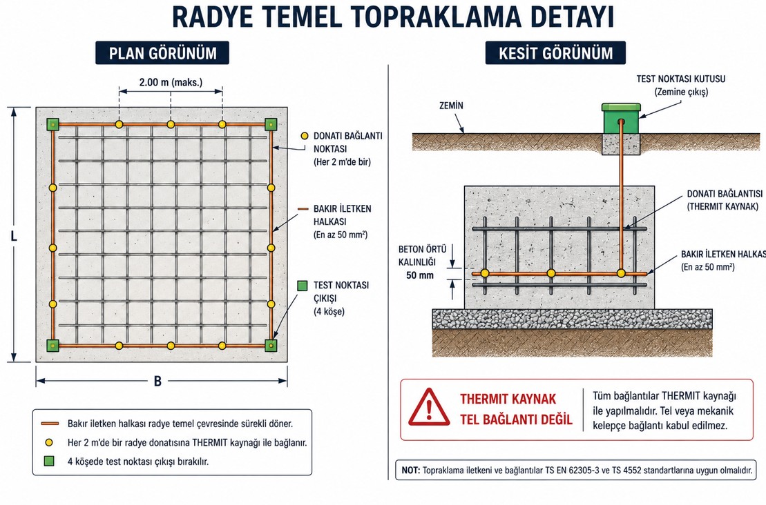 Radye temel topraklama halkası detayı — bakır iletken konumu, donatı bağlantı noktaları, thermit kaynak noktaları ve test noktası çıkışı kesit ve plan görünümü