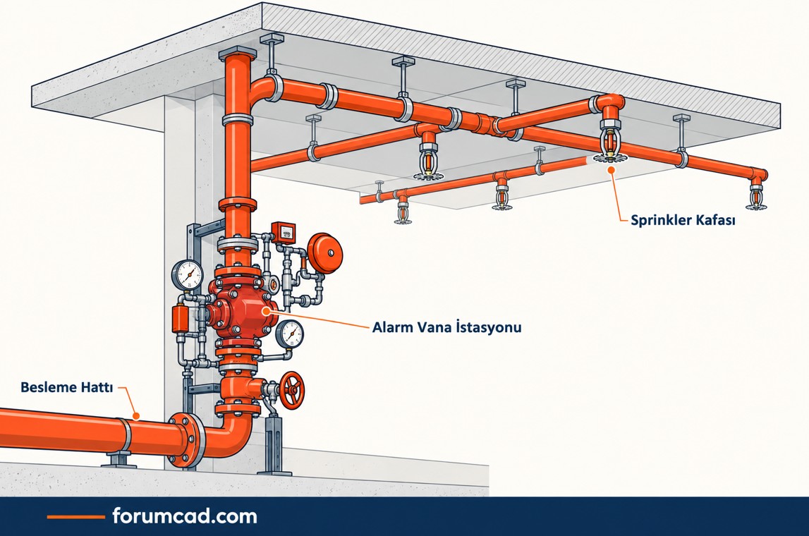 Yangın söndürme sprinkler sistemi boru şebekesi alarm vana istasyonu genel şema